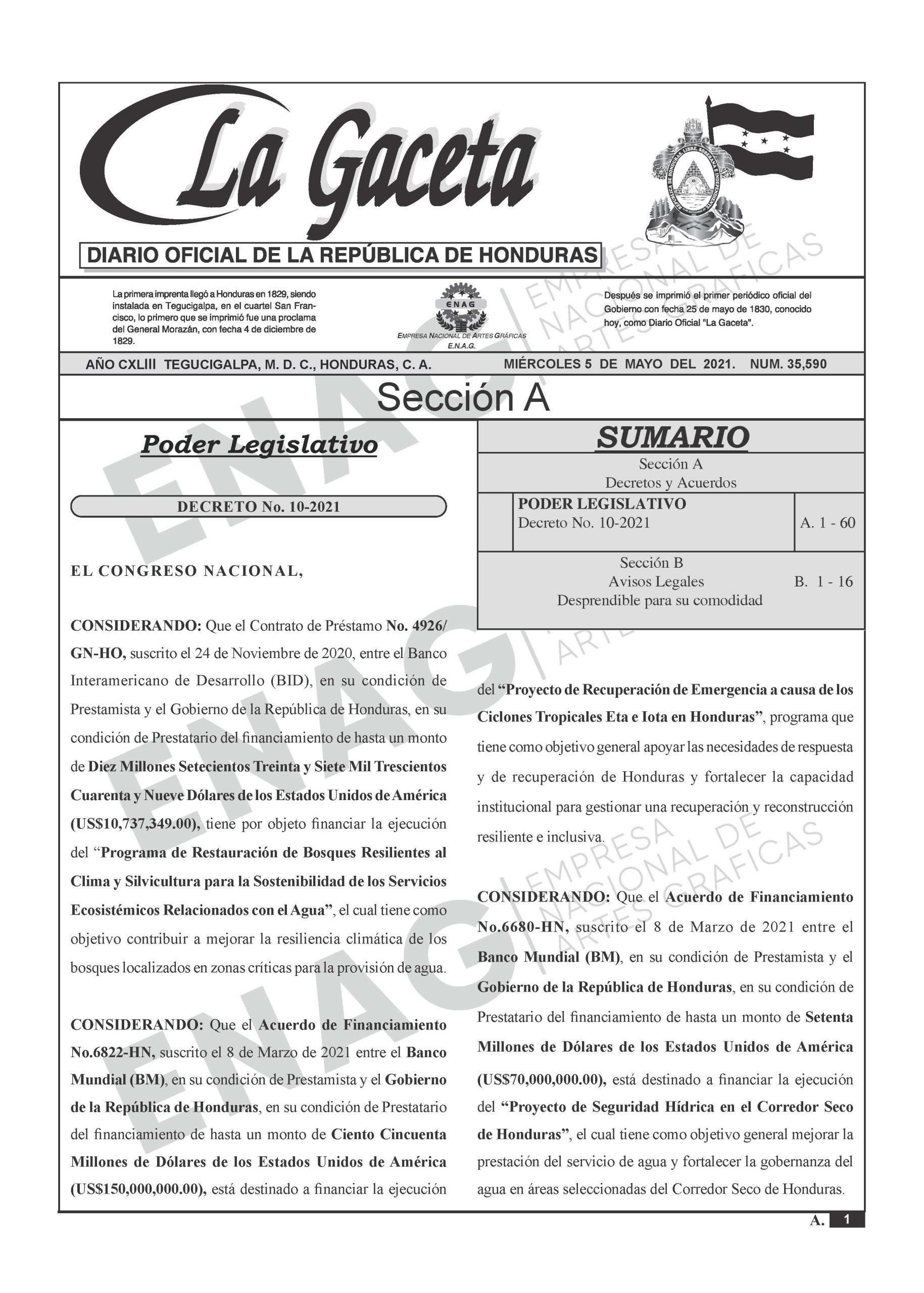 CONVENIO CREDITO 6822-HN_5 DE MAYO 2021, GACETA No. 35,590 MARCA DE AGUA_Página_01 CONVENIO CREDITO 6822-HN - 5 DE MAYO 2021, GACETA No. 35,590