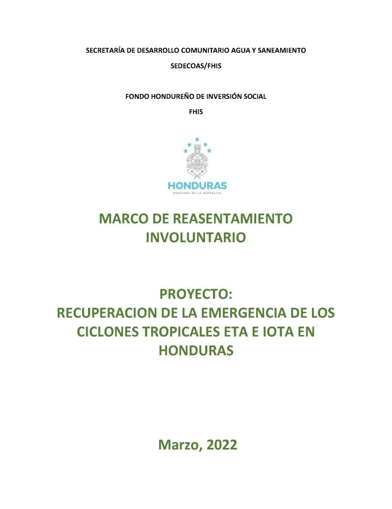 SEDECOAS FHIS MARCO DE REASENTAMIENTO INVOLUNTARIO FINAL P175977