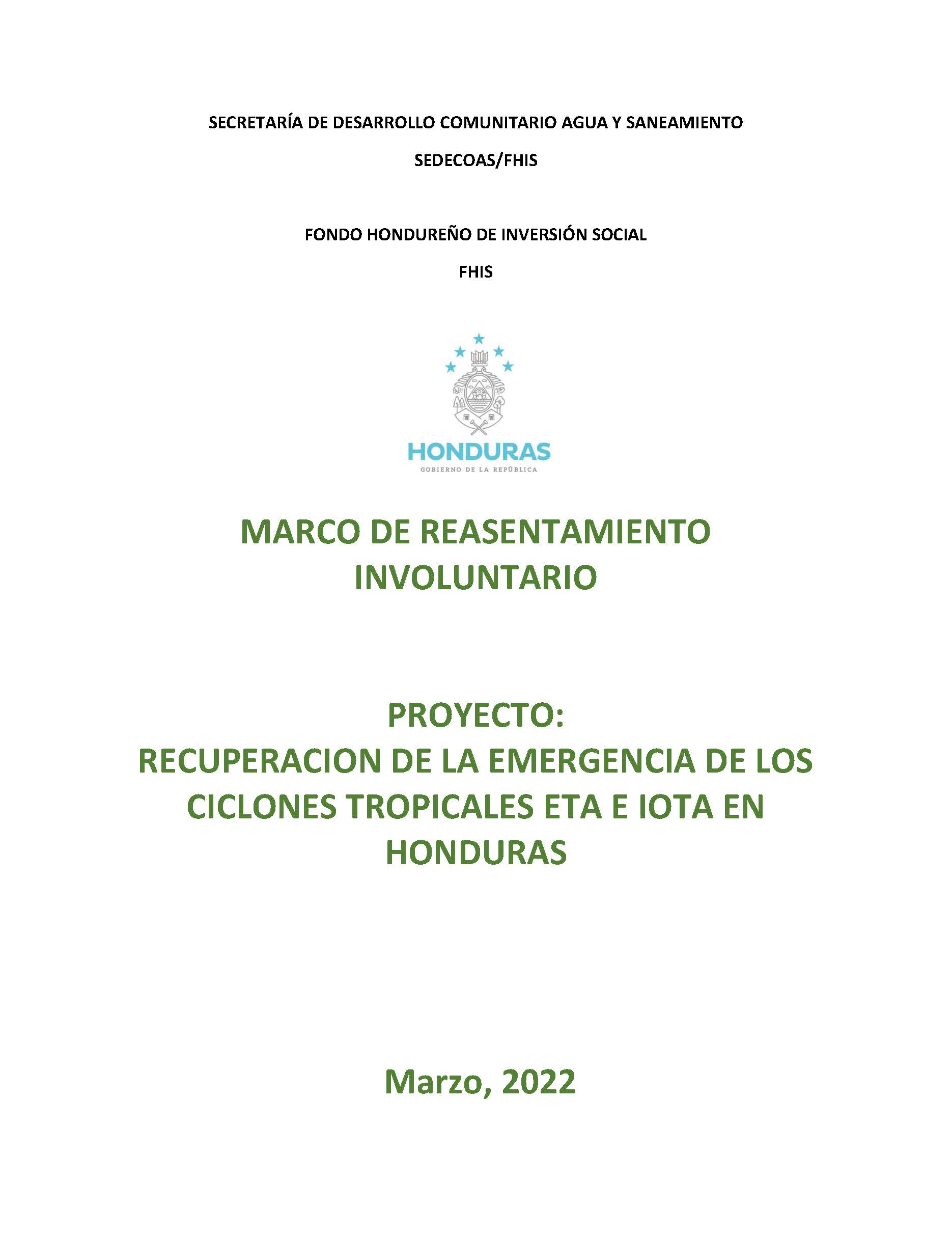 SEDECOAS FHIS MARCO DE REASENTAMIENTO INVOLUNTARIO FINAL P175977_Página_01 SEDECOAS FHIS MARCO DE REASENTAMIENTO INVOLUNTARIO FINAL P175977