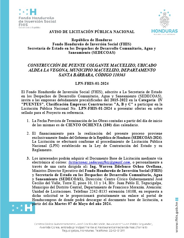 AVISO DE LICITACIÓN PÚBLICA NACIONAL LPN-FHIS-01-2024- 110363-FHIS SEDECOAS